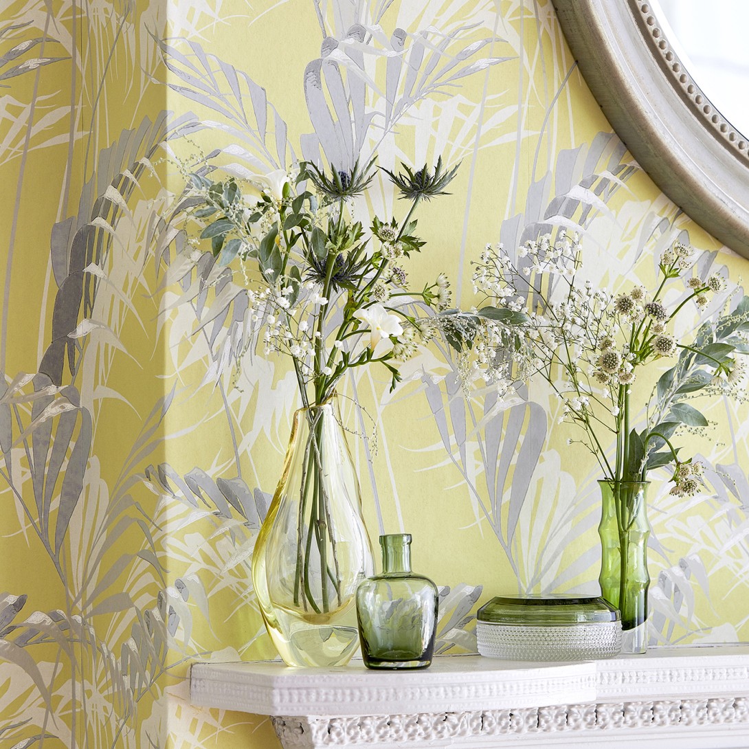 Sanderson DGLW216640 Glasshouse Palm House Teal/Gold - tapeta w palmy