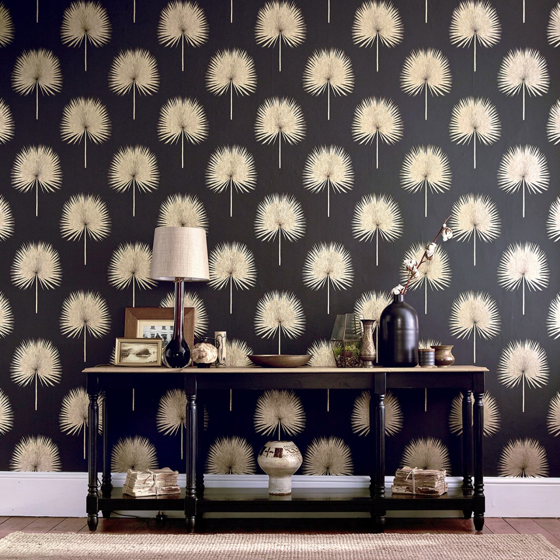 Sanderson DGLW216637 Glasshouse Fan Palm Linen/Gilver - tapeta w liście palm