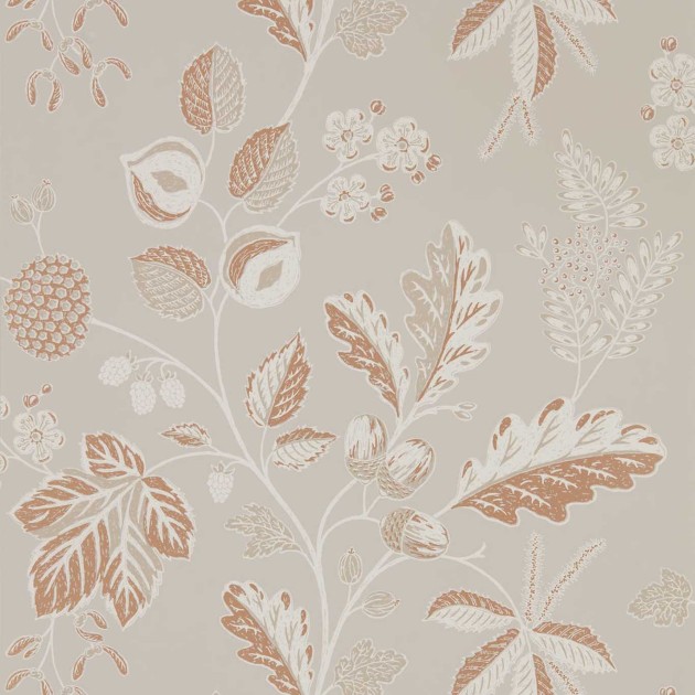 Sanderson DYSI216615 Elysian Warwick Taupe - tapeta w liście i owoce