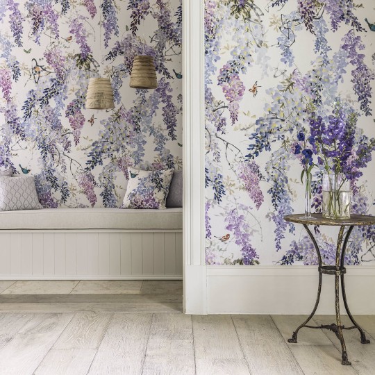 Sanderson DWAP216296 Waterperry Wisteria Falls Panel A Lilac - mural w kwiaty wisterii