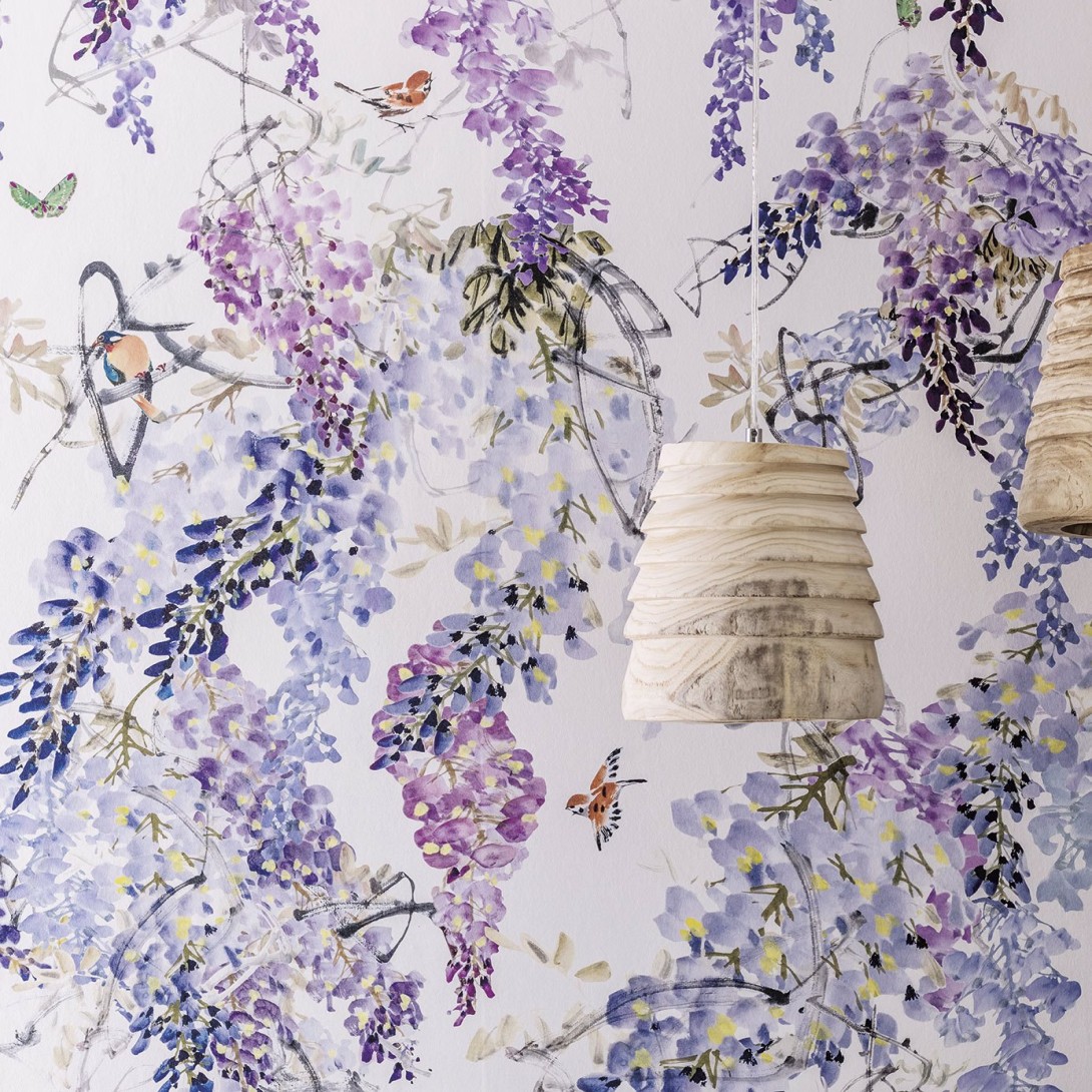 Sanderson DWAP216296 Waterperry Wisteria Falls Panel A Lilac - mural w kwiaty wisterii