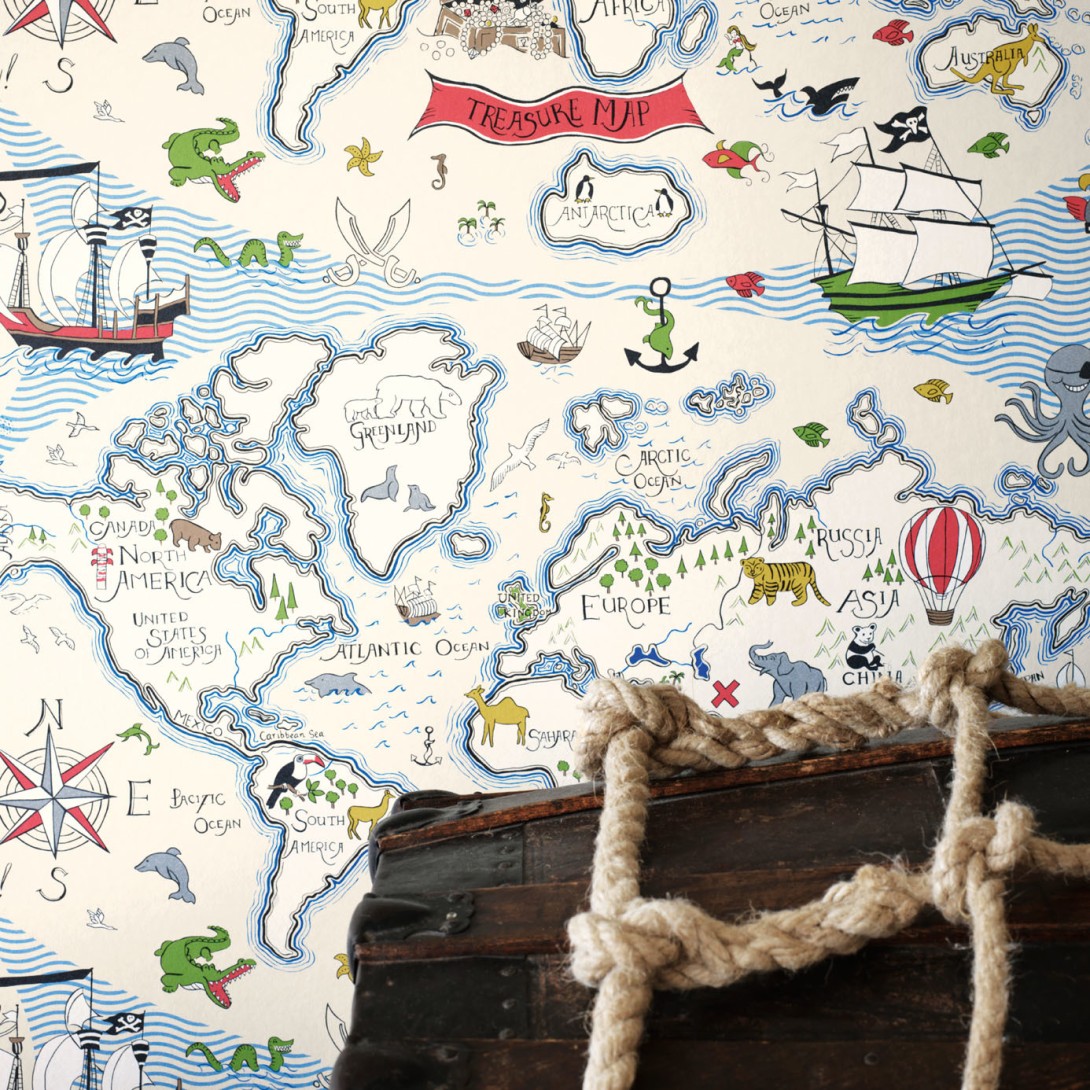 Sanderson DLIT214038 Sanderson Home Treasure Map Sea Blue - tapeta w mapy