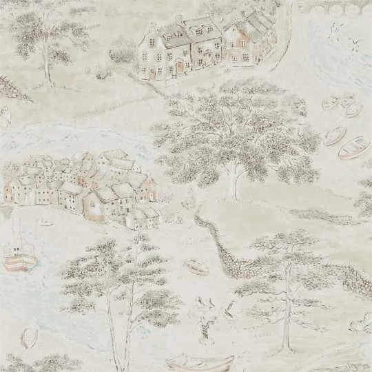Sanderson DEBB216489 Embleton Bay Sea Houses Charcoal/Linen - tapeta w nadmorskie miasteczko