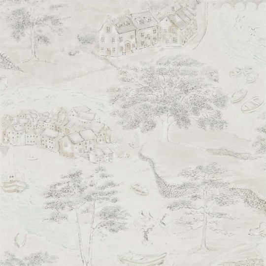 Sanderson DEBB216491 Embleton Bay Sea Houses Chalk/Silver - tapeta w nadmorskie miasteczko