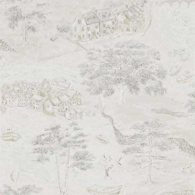 Sanderson DEBB216491 Embleton Bay Sea Houses Chalk/Silver - tapeta w nadmorskie miasteczko