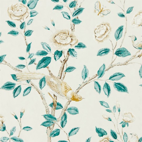 Sanderson DCPW216794 Caspian Andhara Teal/Cream - tapeta w rajskie ptaki i kwiaty