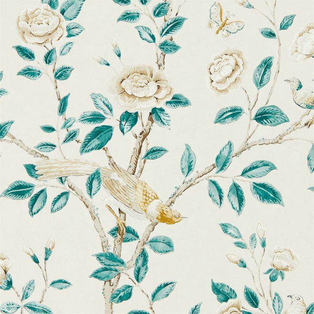 Sanderson DCPW216794 Caspian Andhara Teal/Cream - tapeta w rajskie ptaki i kwiaty