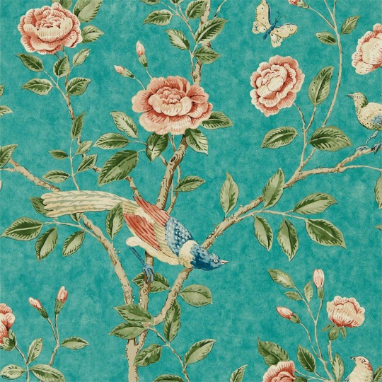 Sanderson DCPW216796 Caspian Andhara Teal/Tumeric - tapeta w rajskie ptaki i kwiaty
