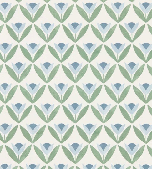 Scion NSCW113257 Oakham Tulip Trellis Coast Blue - tapeta w tulipany retro
