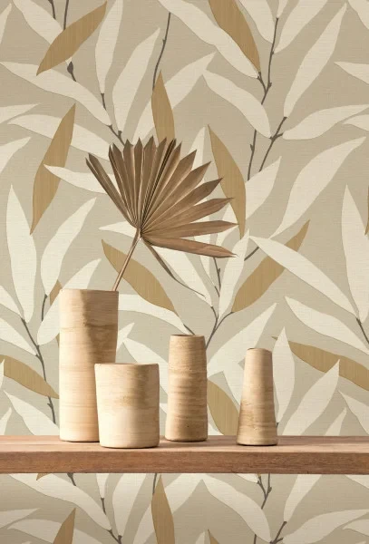 Casadeco 201951357 Rituel Alba Beige Lin - tapeta w liście bambusa