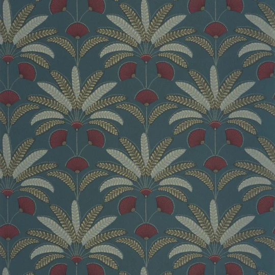 Caselio 107400614 Maison Simeon Gisele Bleu de minuit grenat - tapeta w liście palmowe art deco