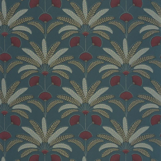 Caselio 107400614 Maison Simeon Gisele Bleu de minuit grenat - tapeta w liście palmowe art deco