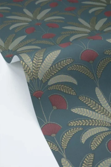 Caselio 107400614 Maison Simeon Gisele Bleu de minuit grenat - tapeta w liście palmowe art deco