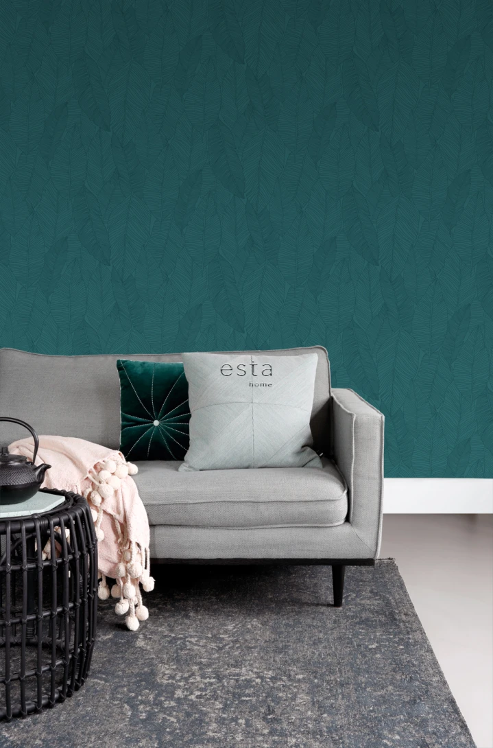Esta 139448 Bloom Pen Drawn Leaves teal - tapeta w liście bananowca