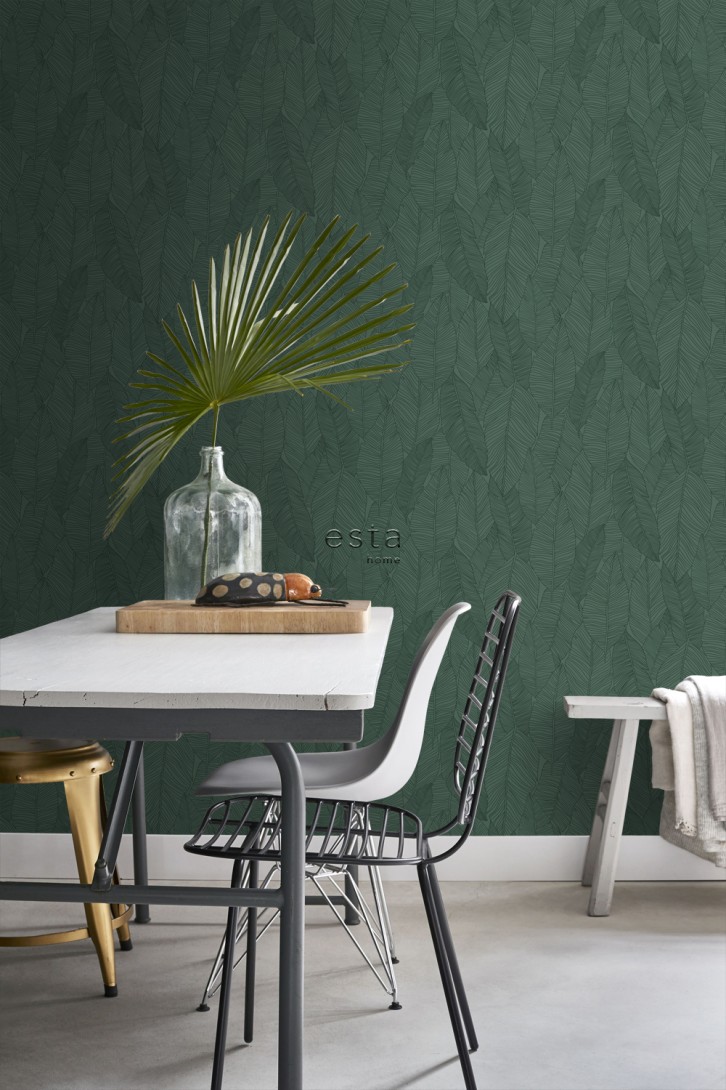 Esta 139449 Bloom Pen Drawn Leaves dark green - tapeta w liście bananowca