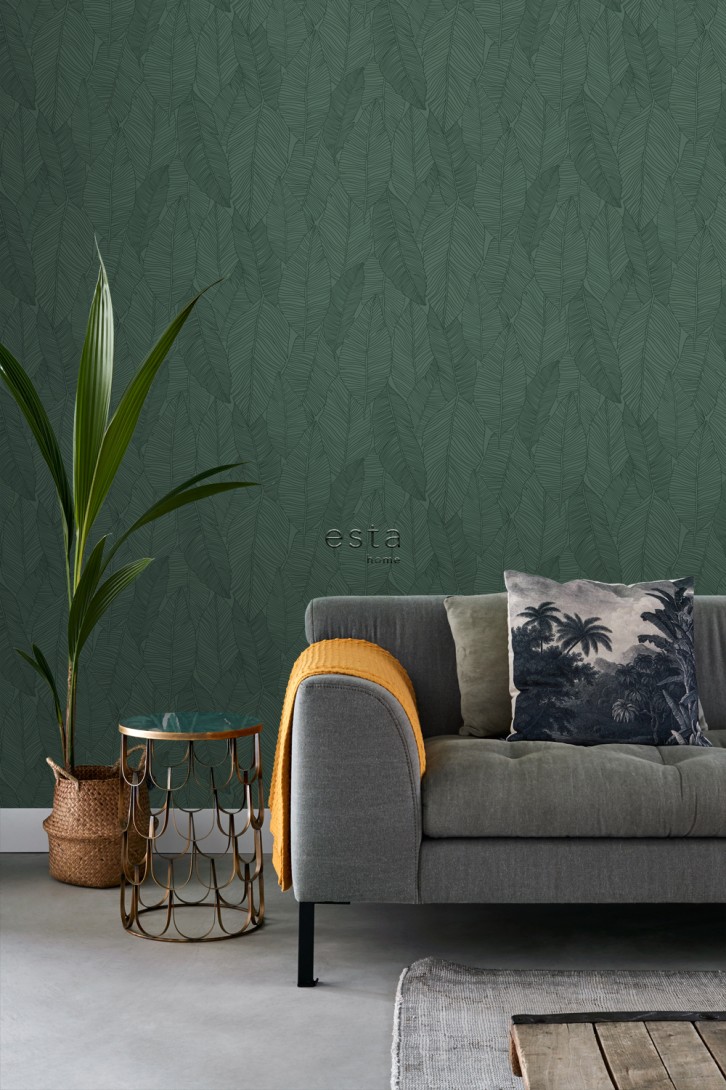 Esta 139449 Bloom Pen Drawn Leaves dark green - tapeta w liście bananowca