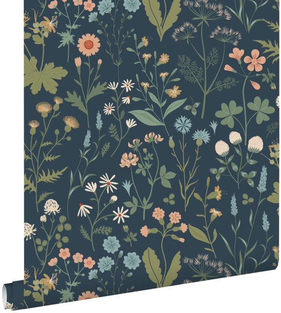 Esta 139698 Bloom Wildflowers dark blue green and pink - tapeta w polne kwiaty