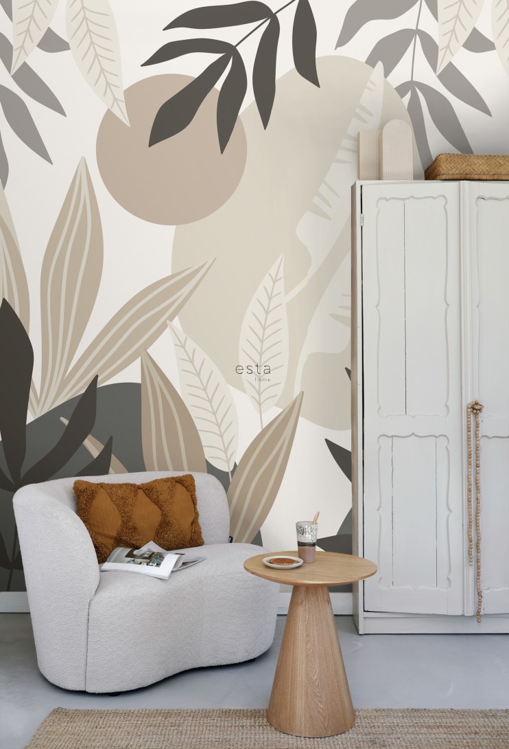 Esta 159251 Bloom Mural tropical leaves beige and gray - mural w duże liście i geometryczne tło