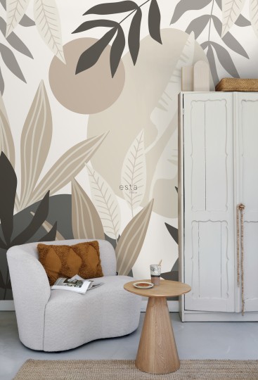 Esta 159251 Bloom Mural tropical leaves beige and gray - mural w duże liście i geometryczne tło