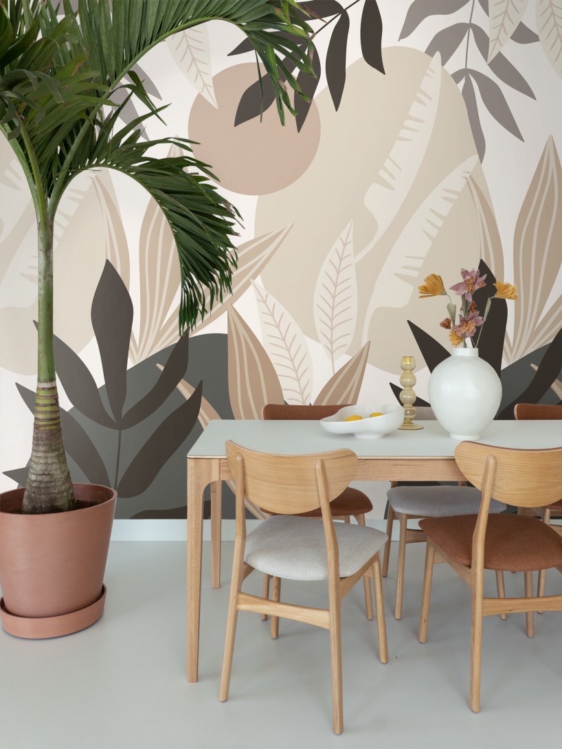 Esta 159251 Bloom Mural tropical leaves beige and gray - mural w duże liście i geometryczne tło