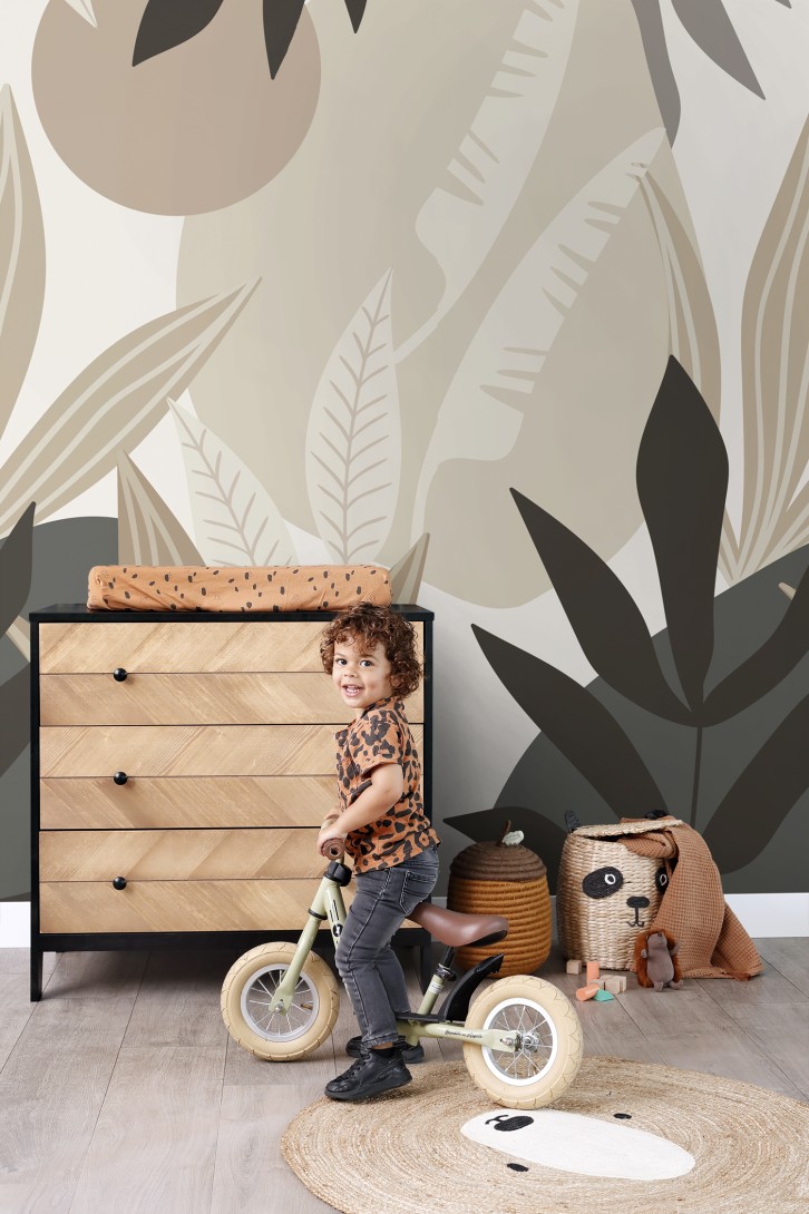 Esta 159251 Bloom Mural tropical leaves beige and gray - mural w duże liście i geometryczne tło