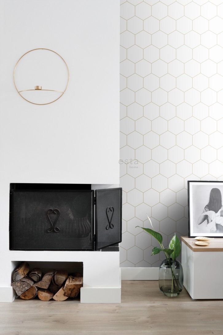 Esta 139312 Bloom Hexagon white and gold - tapeta w heksagony