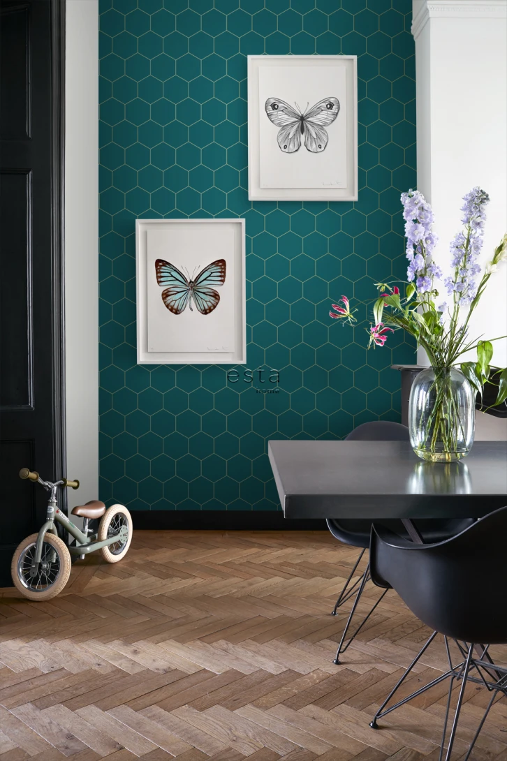 Esta 139455 Bloom Hexagon teal and gold - tapeta w heksagony