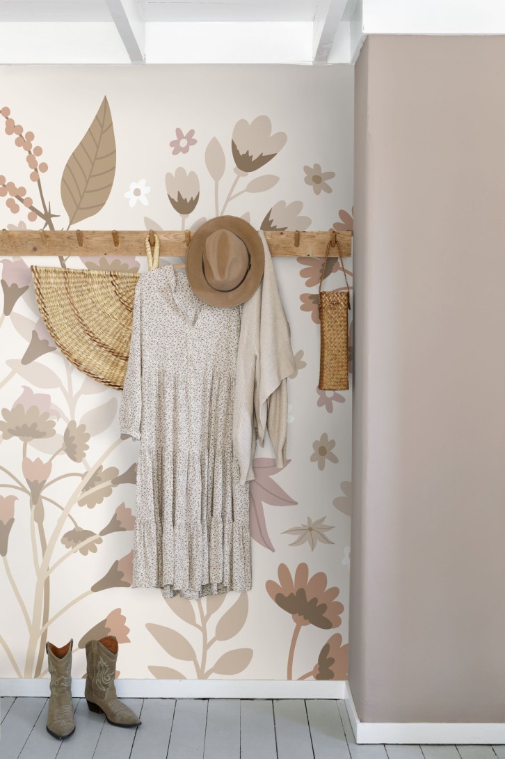 Esta 159410 Bloom Mural flowers beige terracotta and pink - mural w kwiaty i liście