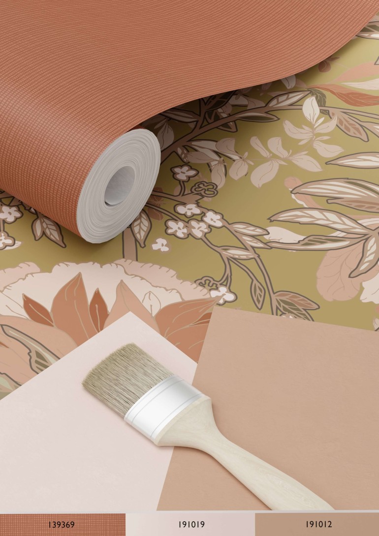 Esta 139568 Bloom Vintage Flowers style gold and terracotta pink - tapeta w roślinny wzór vintage