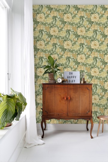 Esta 139379 Bloom Vintage Flowers green and mustard - tapeta w roślinny wzór vintage