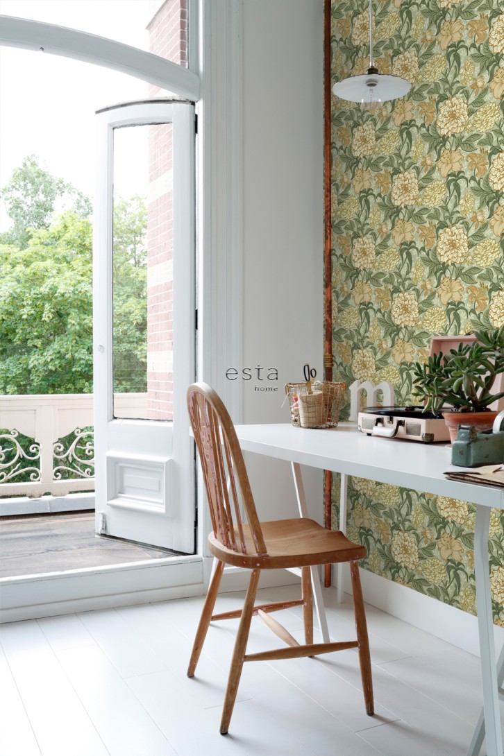Esta 139379 Bloom Vintage Flowers green and mustard - tapeta w roślinny wzór vintage