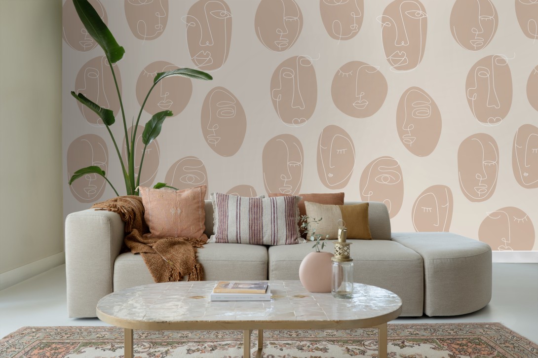 Esta 159252 Bloom Mural Line Art Faces beige - mural w abstrakcyjne twarze