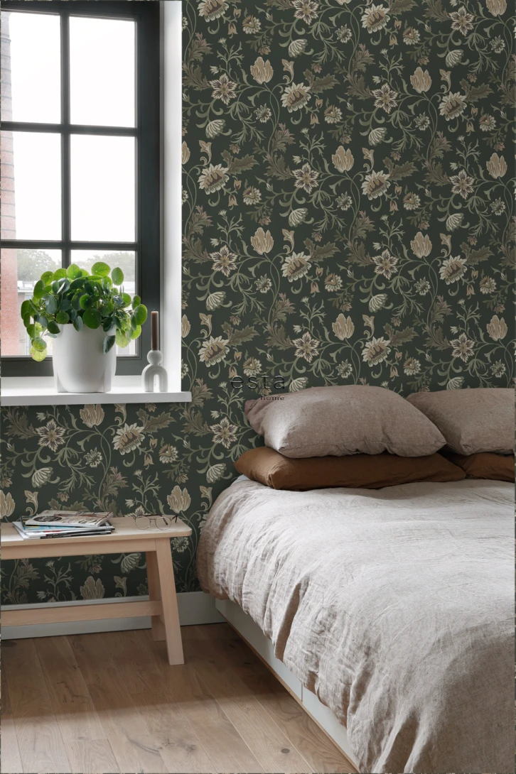 Esta 139417 Bloom Vintage Flowers black and green - tapeta w roślinny wzór vintage