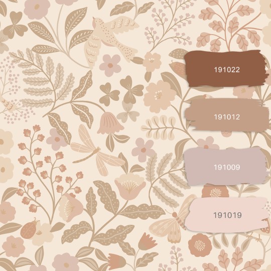 Esta 139868 Pom Pom Pie Flowers and birds beige and soft pink - tapeta dla dzieci w ptaki i kwiaty