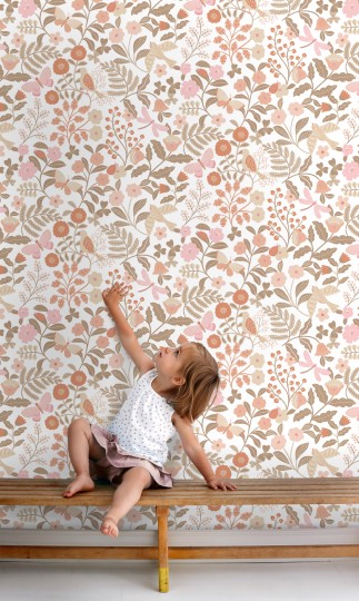Esta 131391 Pom Pom Pie Flowers and birds terracotta taupe and pink - tapeta dla dzieci w ptaki i kwiaty