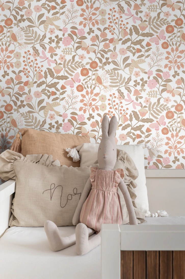 Esta 131391 Pom Pom Pie Flowers and birds terracotta taupe and pink - tapeta dla dzieci w ptaki i kwiaty