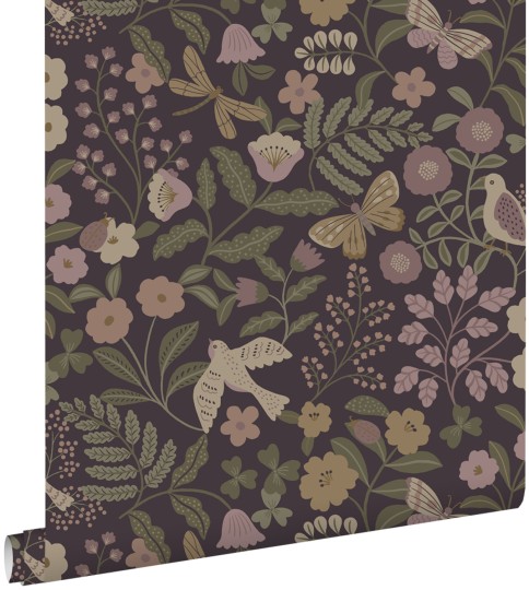 Esta 139871 Pom Pom Pie Flowers and birds eggplant purple olive green and lilac purple - tapeta dla dzieci w ptaki i kwiaty