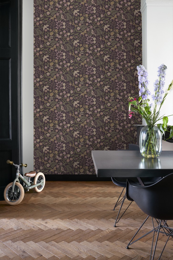 Esta 139871 Pom Pom Pie Flowers and birds eggplant purple olive green and lilac purple - tapeta dla dzieci w ptaki i kwiaty