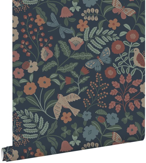 Esta 139870 Pom Pom Pie Flowers and birds dark blue pink and green - tapeta dla dzieci w ptaki i kwiaty