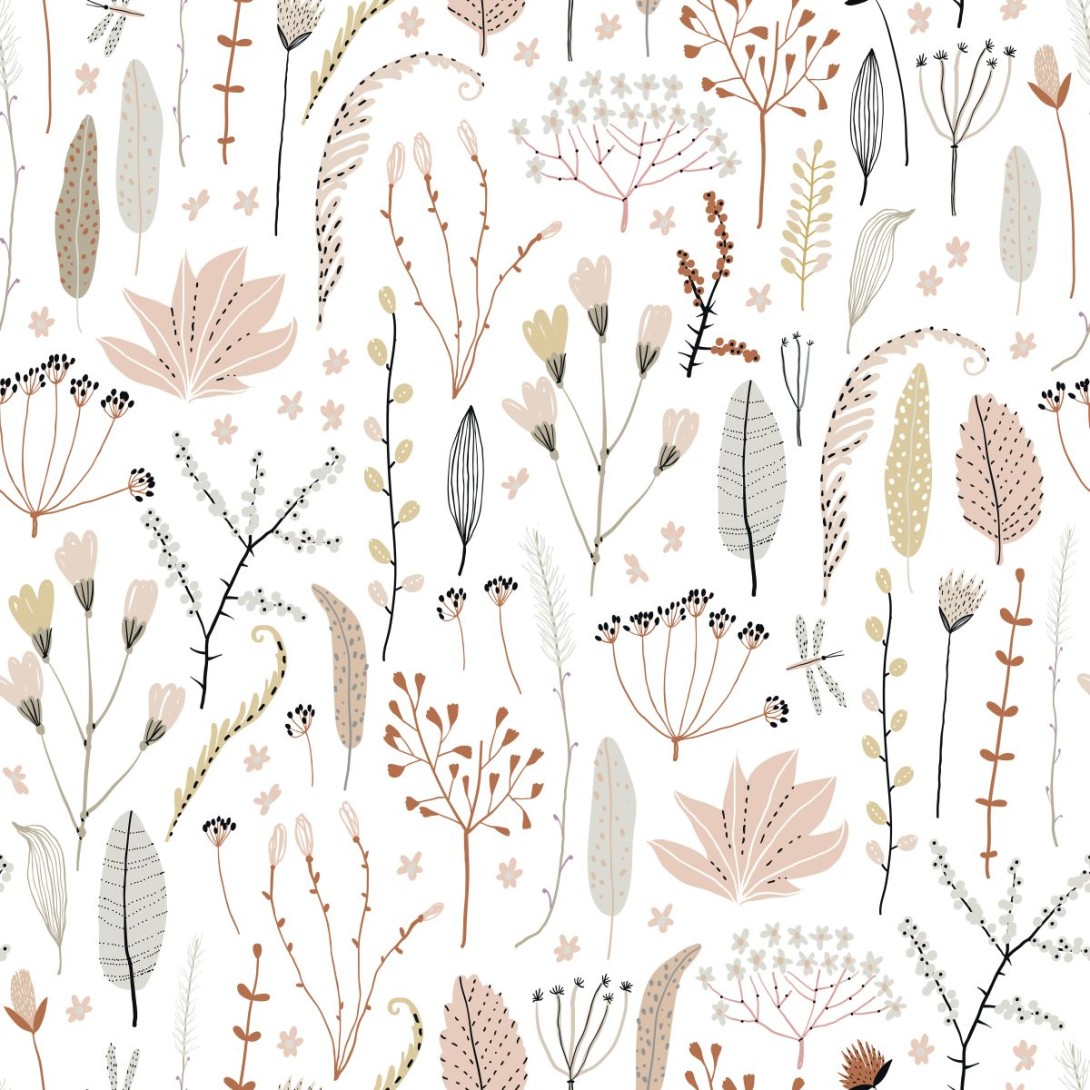 Esta 139702 Pom Pom Pie Wildflowers soft pink gray and terracotta - tapeta w polne rośliny