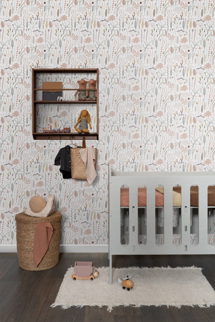 Esta 139702 Pom Pom Pie Wildflowers soft pink gray and terracotta - tapeta w polne rośliny