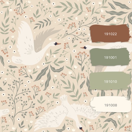 Esta 139797 Pom Pom Pie Swans beige white and grayish green - tapeta dziecięca w łabędzie i rośliny