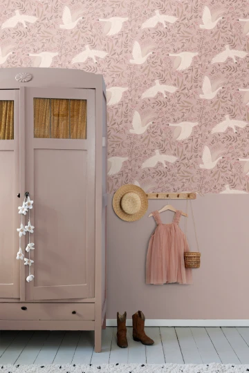 Esta 130958 Pom Pom Pie Swans beige antique pink - tapeta dziecięca w łabędzie i rośliny