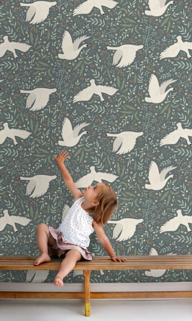 Esta 139798 Pom Pom Pie Swans grayed vintage blue and white - tapeta dziecięca w łabędzie i rośliny