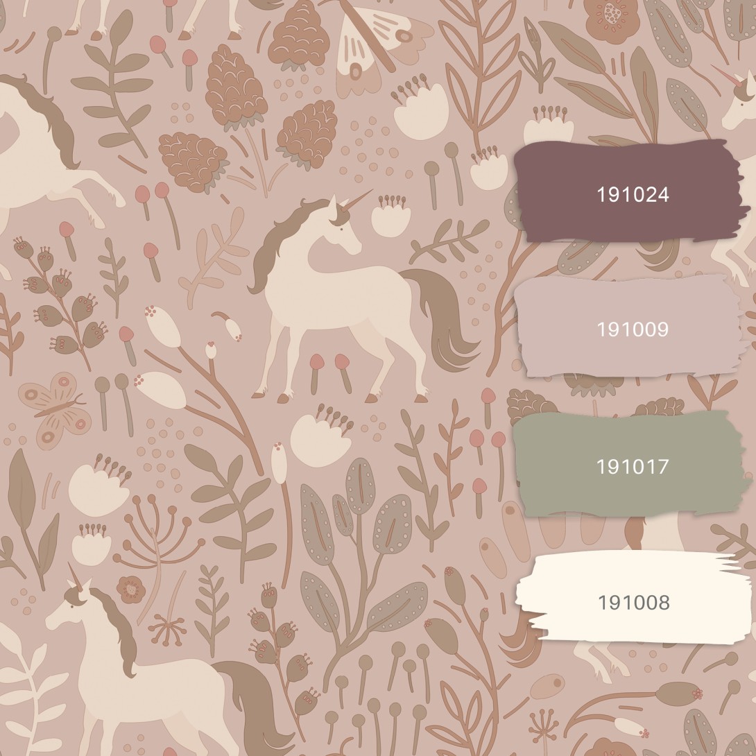 Esta 139876 Pom Pom Pie Unicorns antique pink - tapeta dla dzieci w jednorożce i rośliny