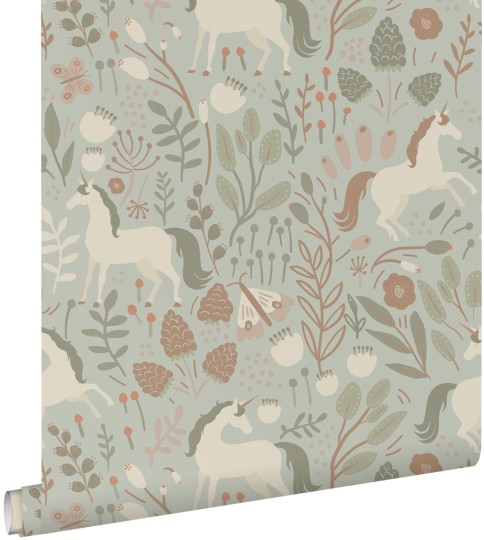 Esta 139877 Pom Pom Pie Unicorns light gray green - tapeta dla dzieci w jednorożce i rośliny