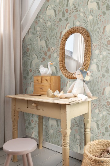 Esta 139877 Pom Pom Pie Unicorns light gray green - tapeta dla dzieci w jednorożce i rośliny