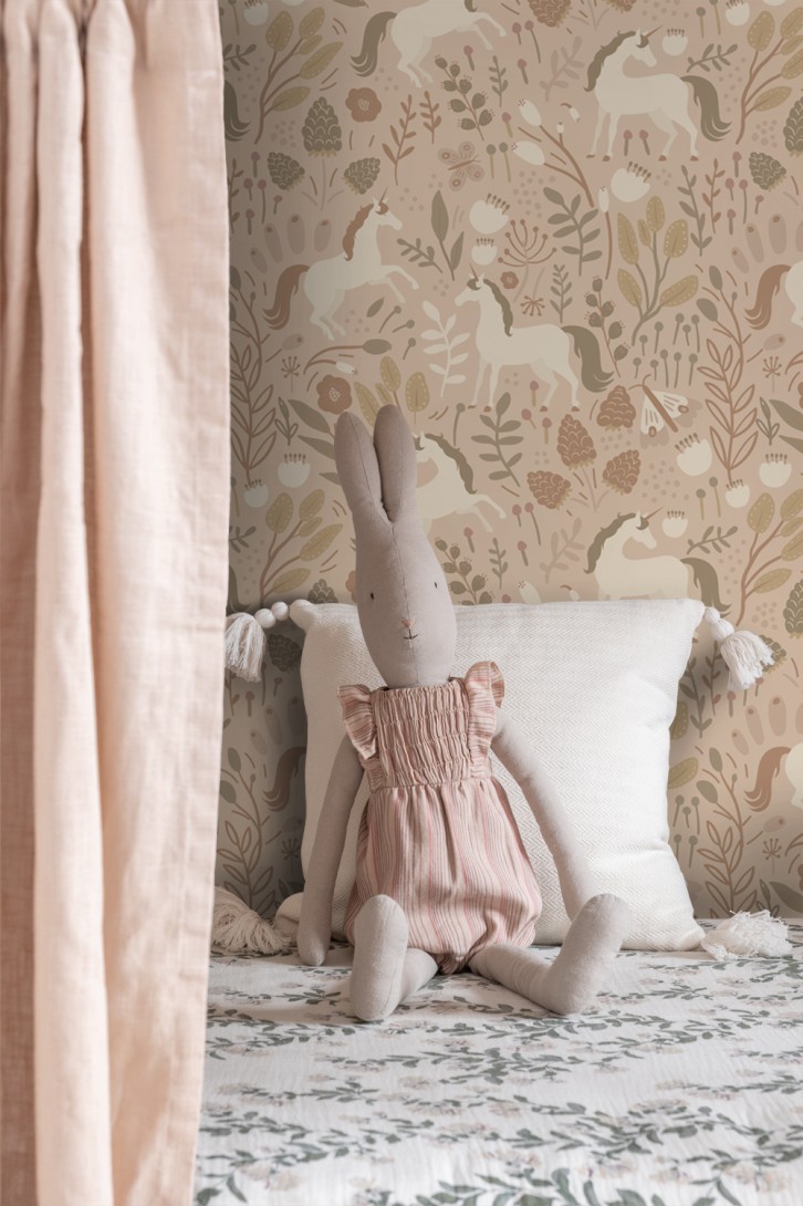 Esta 139875 Pom Pom Pie Unicorns sand beige - tapeta dla dzieci w jednorożce i rośliny