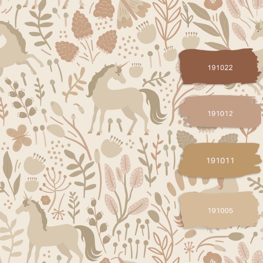 Esta 139806 Pom Pom Pie Unicorns beige and terracotta pink - tapeta dla dzieci w jednorożce i rośliny