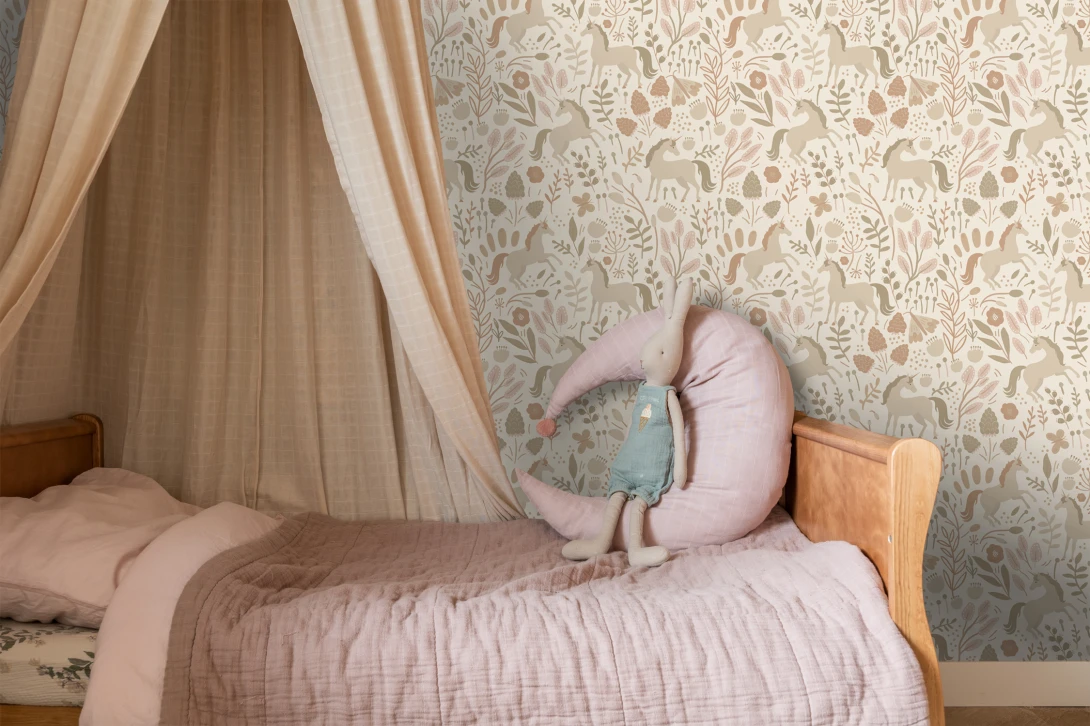 Esta 139806 Pom Pom Pie Unicorns beige and terracotta pink - tapeta dla dzieci w jednorożce i rośliny